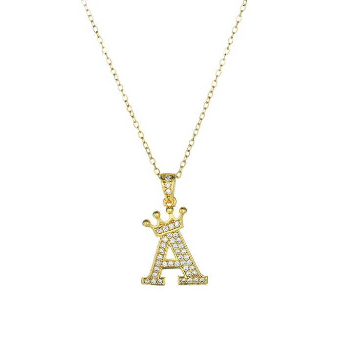 Crown Paved Diamond Initial Letter Necklace, 14K Gold Plated Personalized Dainty Chain, A-Z Available