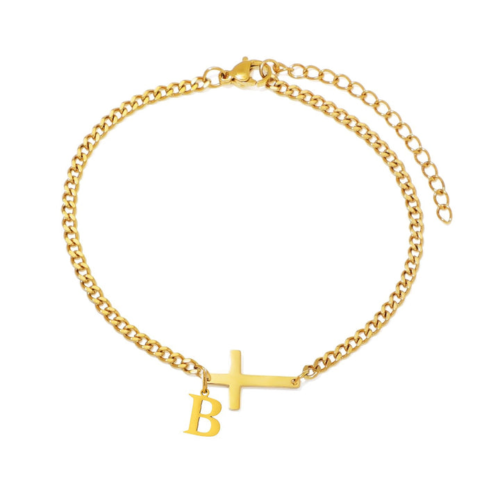 Unisex Stainless Steel 18K Gold Cross & Alphabet Bracelet