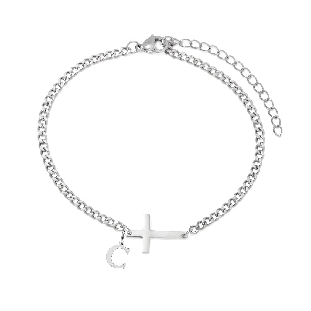 Unisex Stainless Steel 18K Gold Cross & Alphabet Bracelet