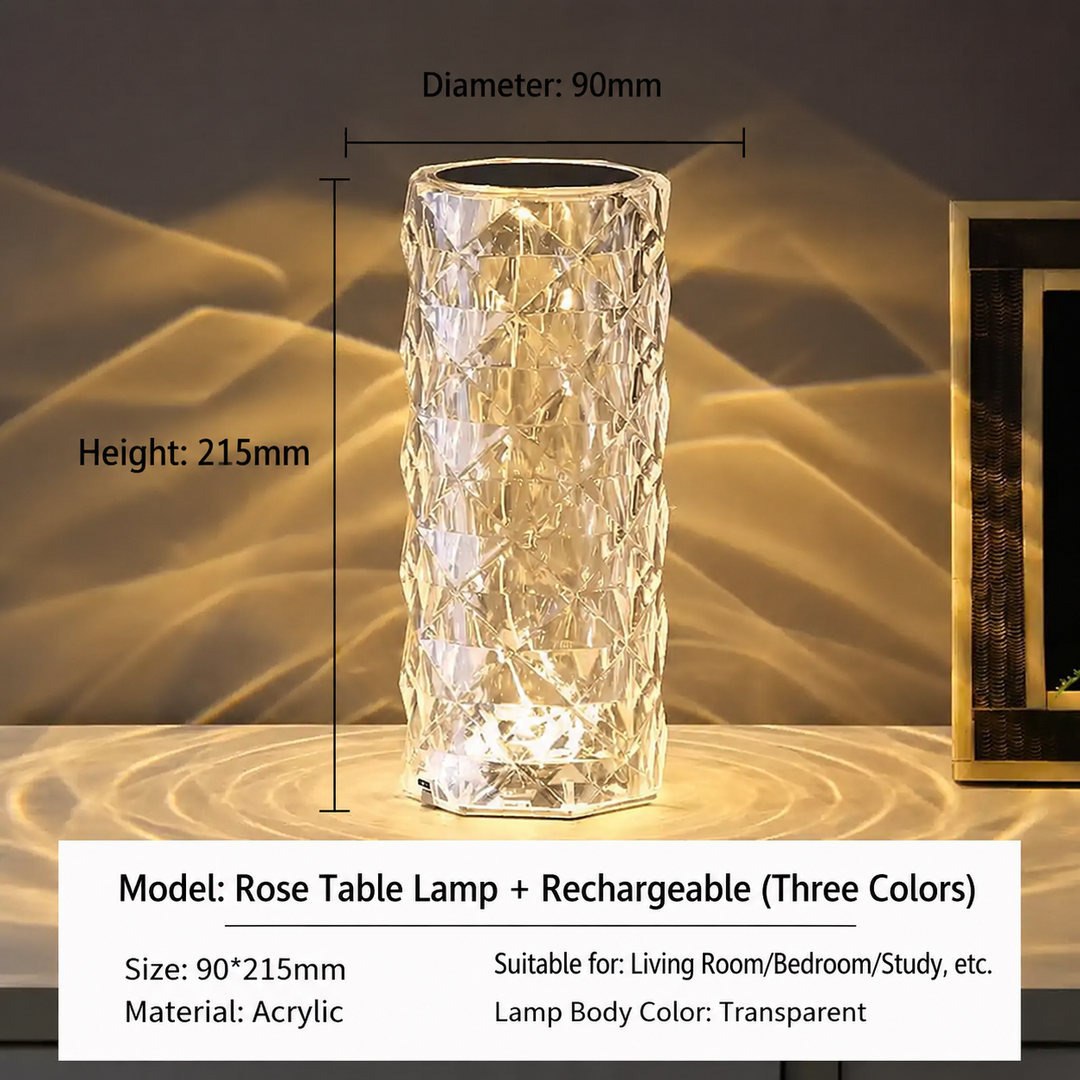 Diamond Cut Crystal Rose Atmosphere Table Lamp, 16 RGB Color Touch & Remote Rechargeable Projection Night Light