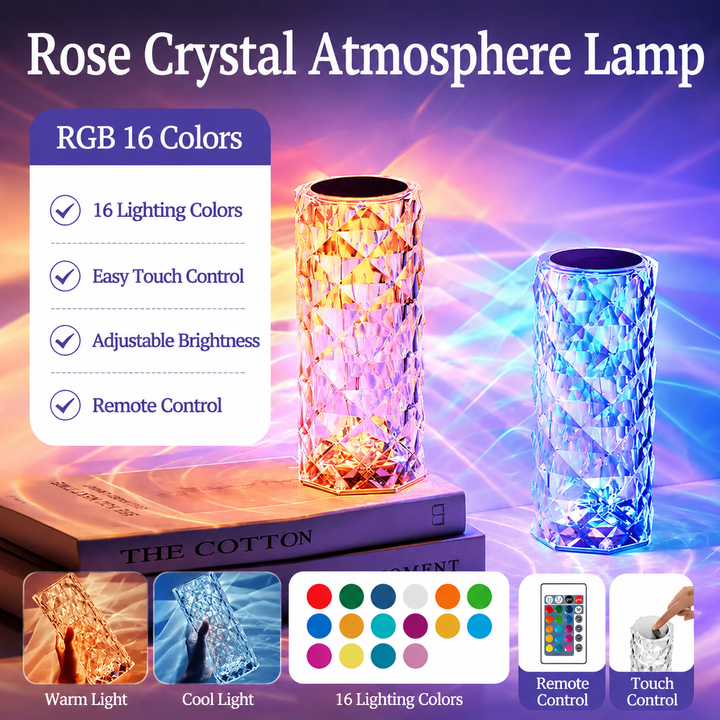 Diamond Cut Crystal Rose Atmosphere Table Lamp, 16 RGB Color Touch & Remote Rechargeable Projection Night Light