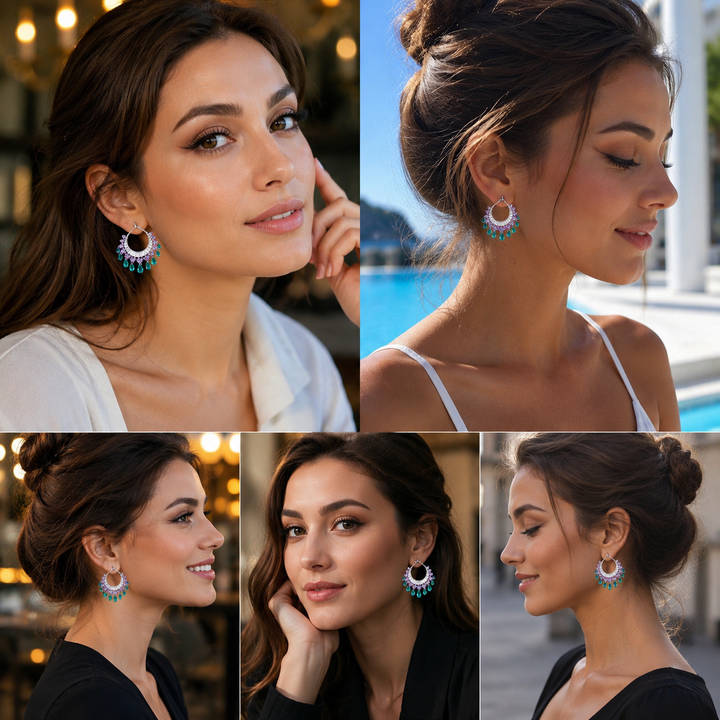 Heavy Craft Gem Crescent Teardrop Dangle Hoop Earrings, Full Paved Multi-Layer Tassel Click Hoop, Luxury Stage Banquet Formal Jewelry