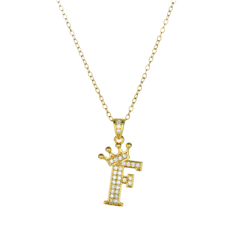 Crown Paved Diamond Initial Letter Necklace, 14K Gold Plated Personalized Dainty Chain, A-Z Available