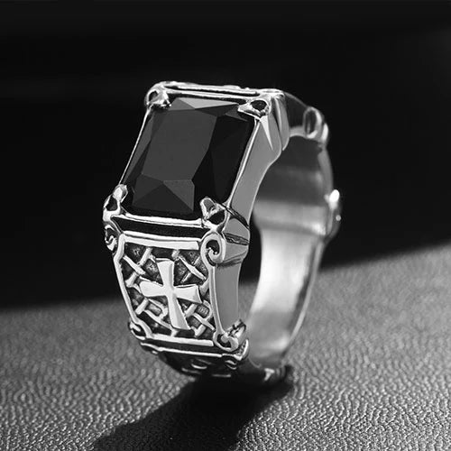 Gothic Cross Gemstone Stainless Steel Ring