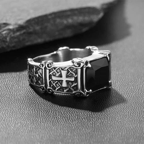 Gothic Cross Gemstone Stainless Steel Ring