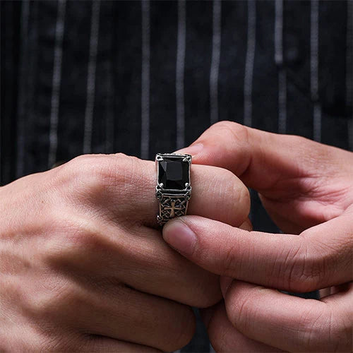 Gothic Cross Gemstone Stainless Steel Ring