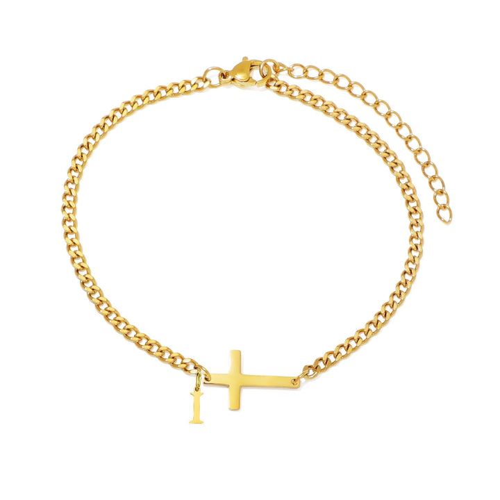 Unisex Stainless Steel 18K Gold Cross & Alphabet Bracelet