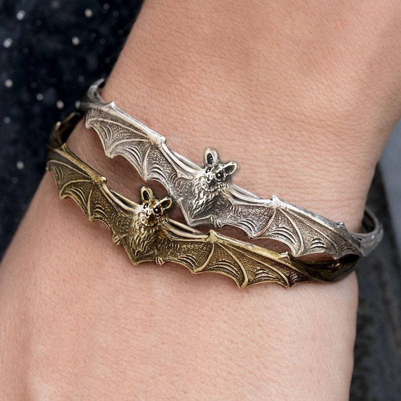 Vintage Bat Adjustable Bangle, Gothic Bracelet with Spider Web Charm, Antique Silver / Antique Bronze Two Tones