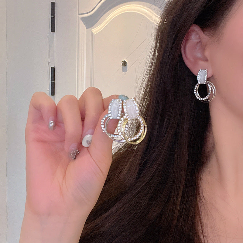 Iridescent Shell & Double Circle Pave Earrings (Light Luxury Minimalist Elegance Style)