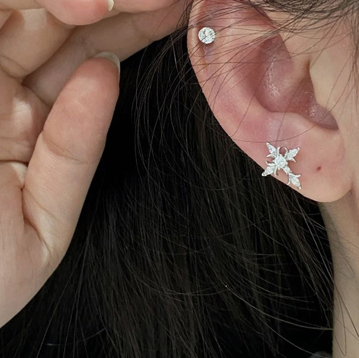 Zircon-Studded Cross Screw Barbell Earrings – Elegant Couple Ear Studs