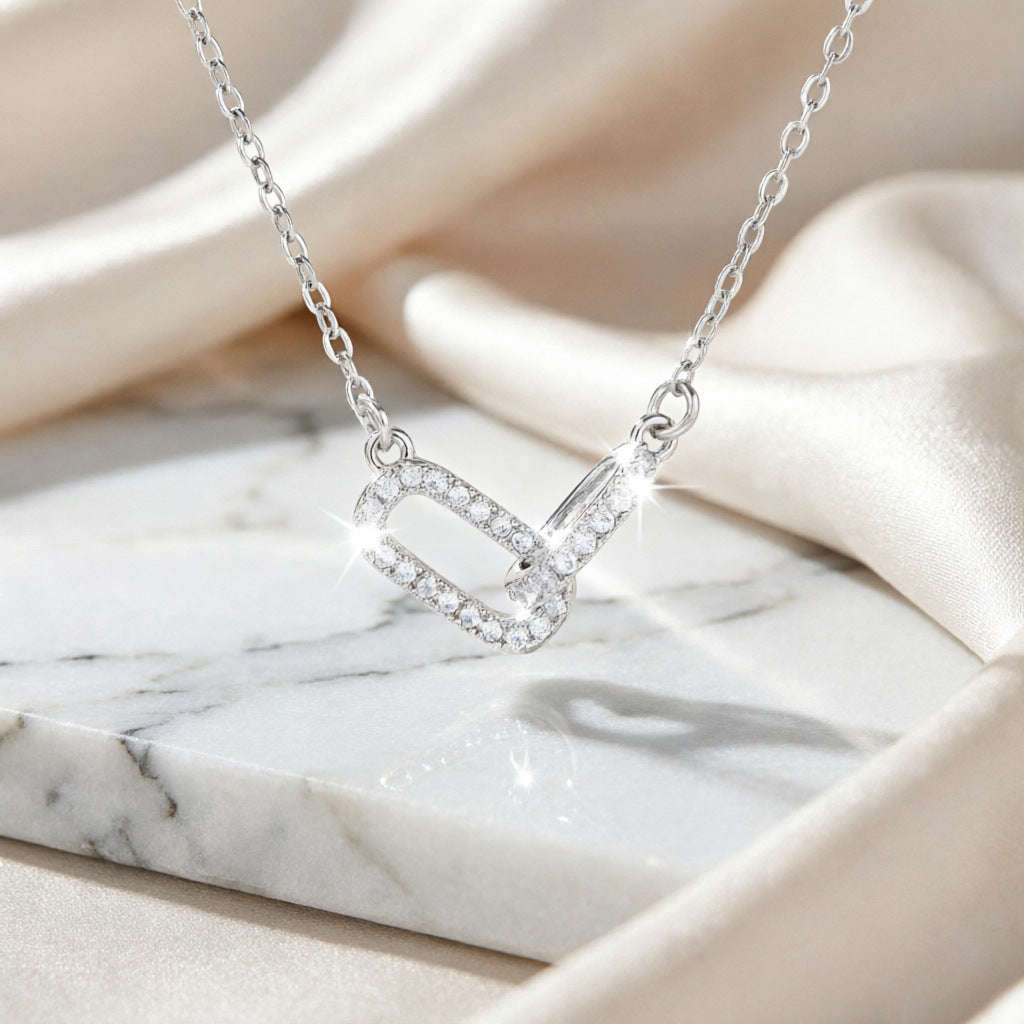 Interlocking Double Loop Rhinestone Necklace, S925 Sterling Silver Minimal Geometric Collarbone Chain, Gold & Silver Two-Tone Jewelry