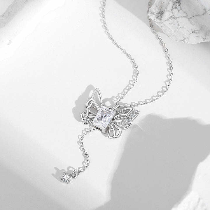 Hollow Butterfly Tassel Pendant Necklace, Pink & Clear Diamond Options, Luxury Girly Butterfly Collarbone Necklace