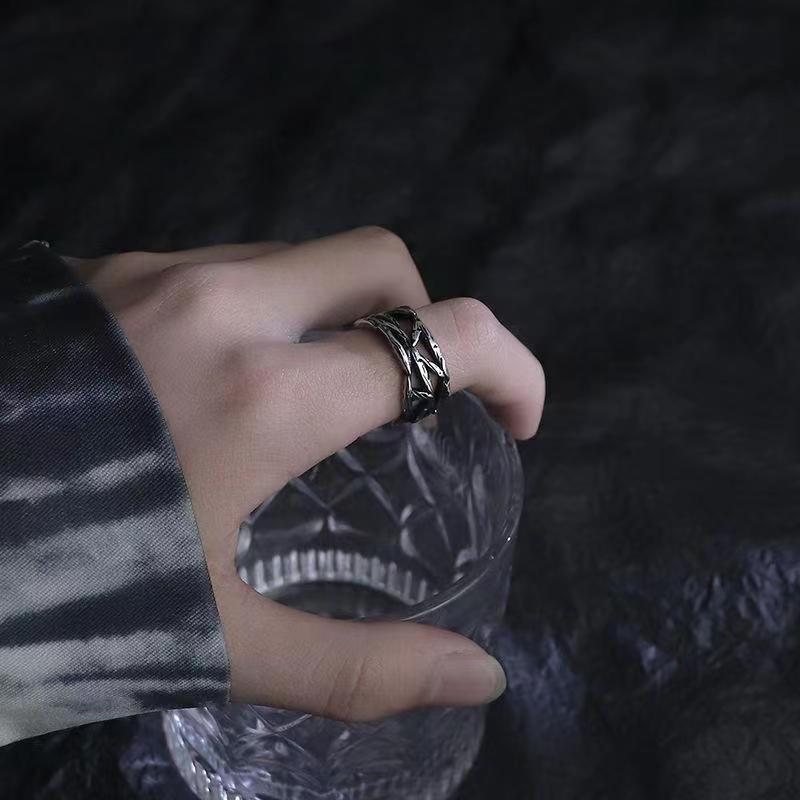 Antiqued Intertwined Thorn Hollow Ring, S925 Silver Dark Forest Style Unisex Open Band