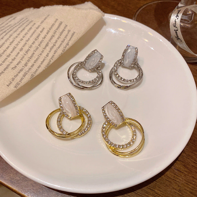 Iridescent Shell & Double Circle Pave Earrings (Light Luxury Minimalist Elegance Style)