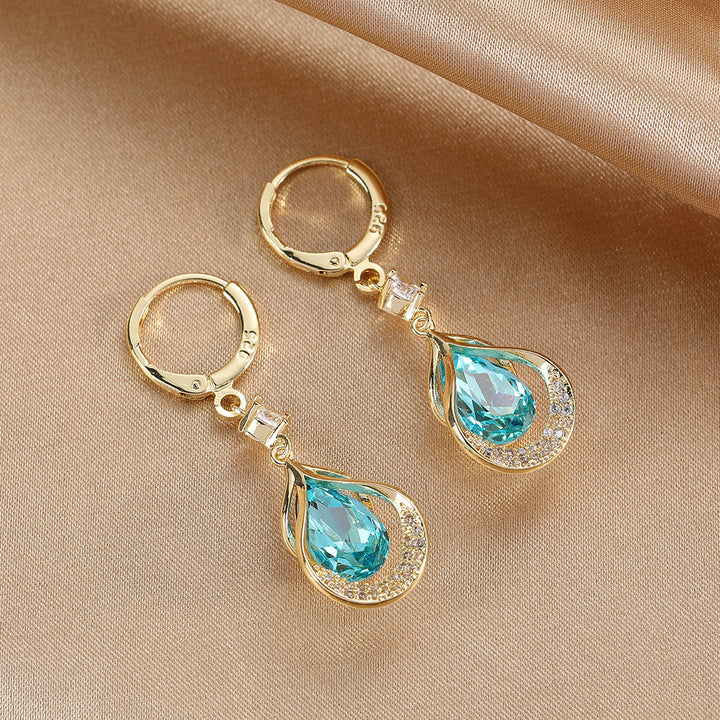 Hollow Waterdrop Gem Hoop Earrings, Luxury Teardrop Gem Dangle Earrings, 3 Colors For Women