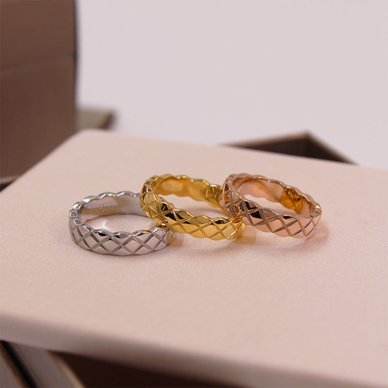 Classic Quilted Pattern Silver Ring, Plain & Paved Diamond Luxury Versatile Band Ring