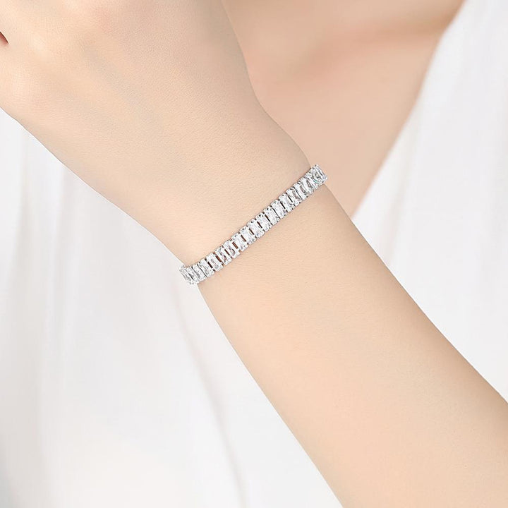 Baguette Cut Thin Tennis Bracelet, Gold & Silver / Rainbow Multi-Color Diamond Dainty Stackable Wrist Band