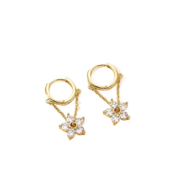 Crystal Flower Chain Huggie Earrings, Dainty 5-Petal Floral Drop Hoops