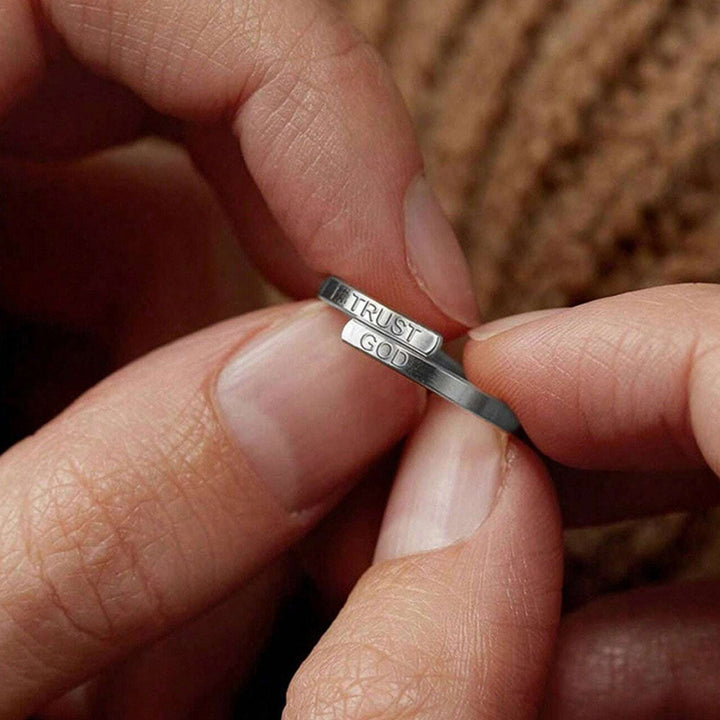 S925 Silver Engraved "TRUST GOD" Bypass Open Ring, Minimalist Adjustable Thin Band