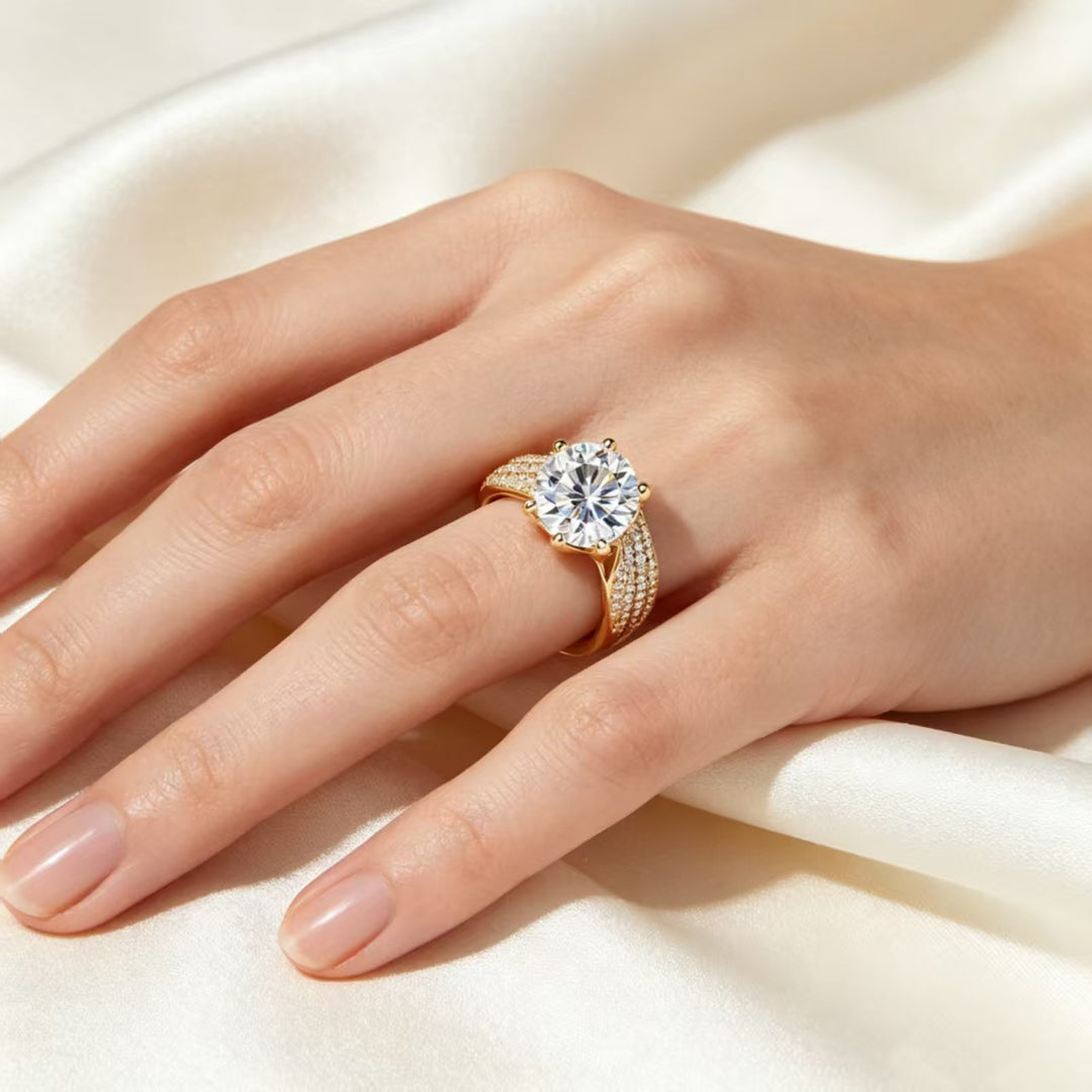 Six‑Prong Main Diamond Three‑Row Paved S925 Sterling Silver Ring, 3 Colors Available