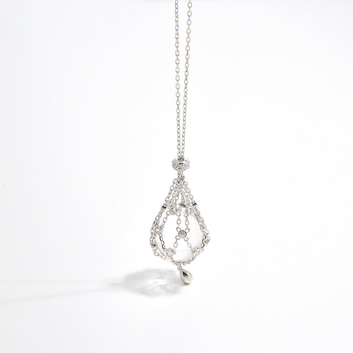 Niche Design White Crystal Starburst Mesh Pouch Pendant - Adjustable Necklace High-End Versatile Jewelry