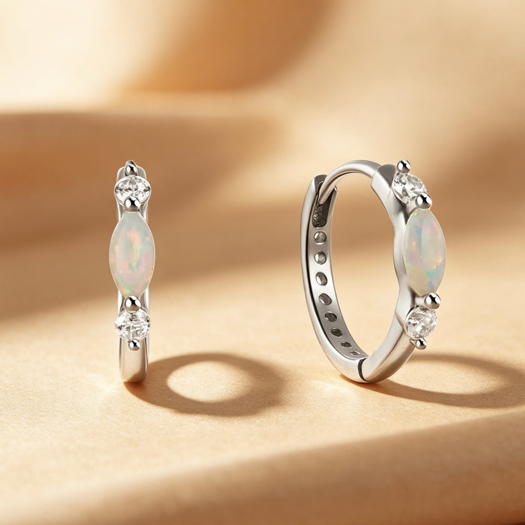 Marquise Opal Mini Click Hoop Earrings, Iridescent Opal Tiny Hoops Gold & Silver Dainty Daily Jewelry