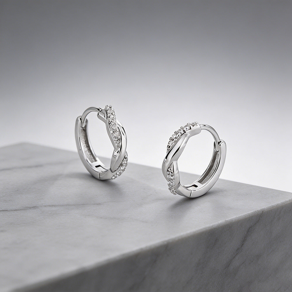 S925 Silver Twisted Diamond Huggie Earrings, Braided Minimalist Luxury Hoops