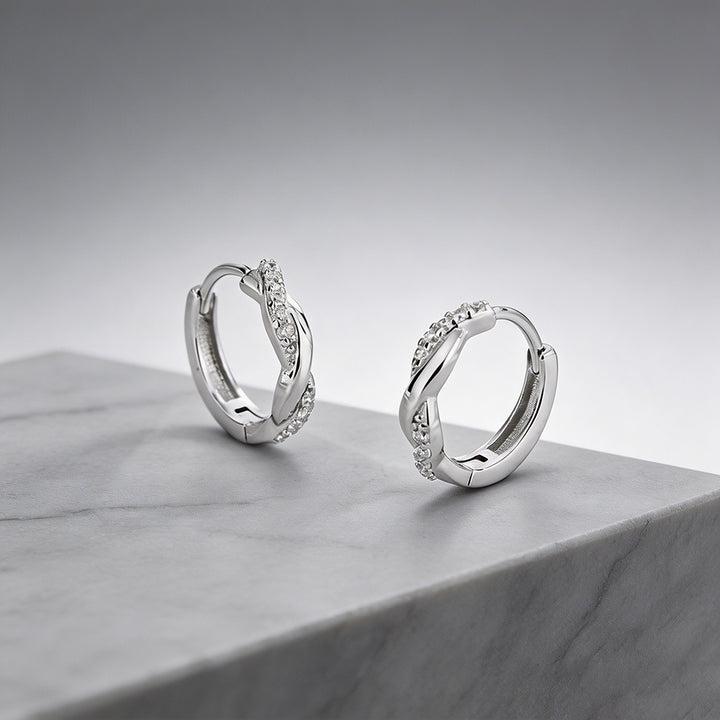 S925 Silver Twisted Diamond Huggie Earrings, Braided Minimalist Luxury Hoops