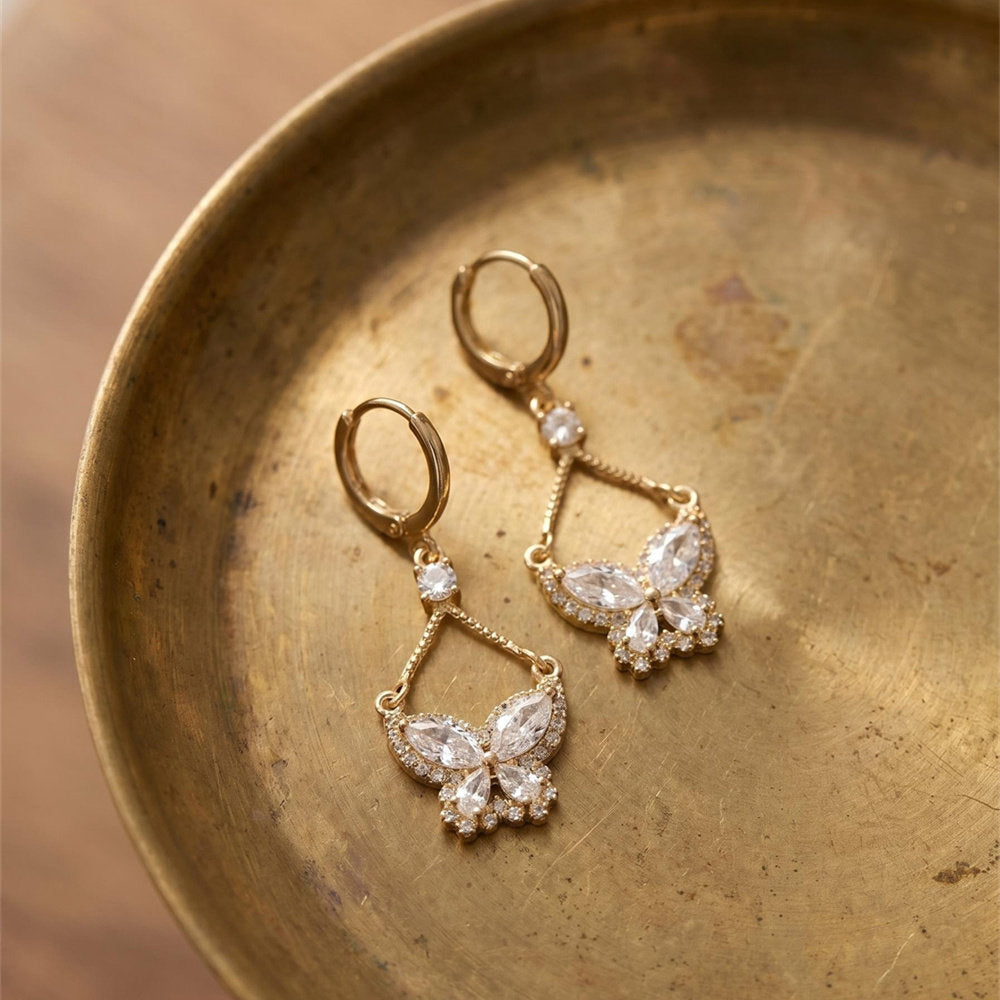 Gold Diamond Butterfly Long Drop Huggie Earrings, Luxury Dainty Chain Butterfly Earrings