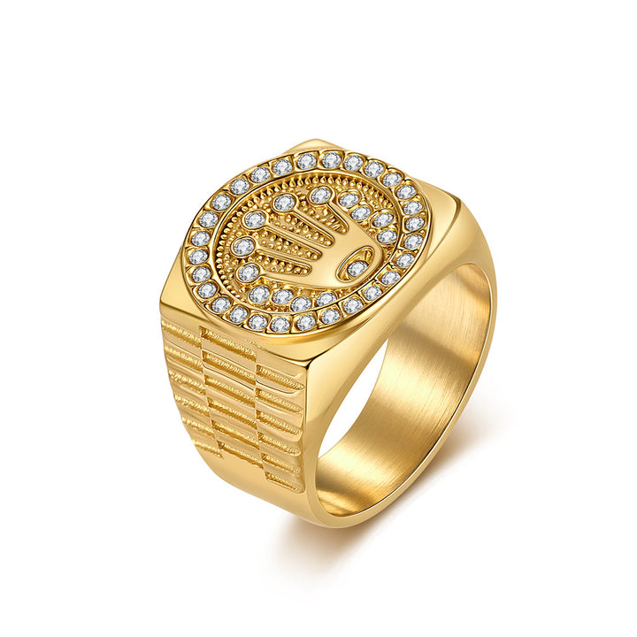Hamsa Hand Paved Diamnd Vintage Wide Signet Ring, S925 Silver Gold & Silver Two Tone Hip Hop Men’s Band