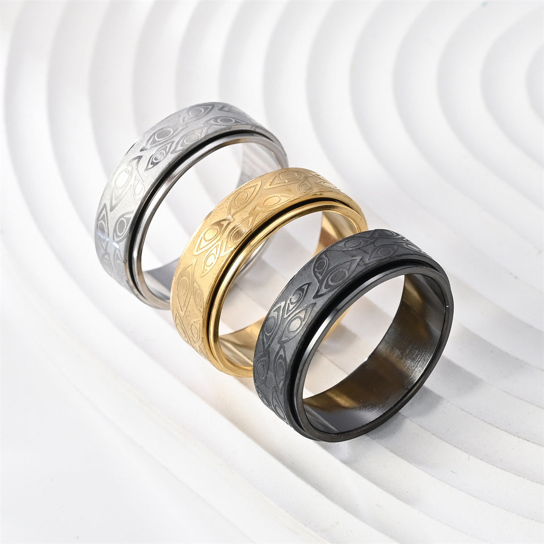 Evil Eye Embossed Rotatable Spinner Ring, Vintage All-Seeing Eye Titanium Steel Fidget Band Gold Silver Black Unisex Jewelry