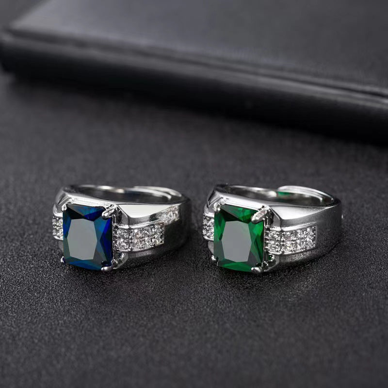 Men's Luxury Rectangular Gem Wide Band Ring (Emerald & Sapphire Two Colors Business Ring)