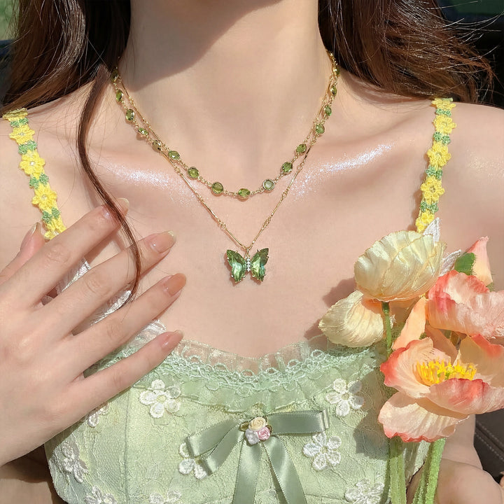 Two-Layer Stackable Color Crystal Butterfly Necklace, Bezel-Set Round Diamond Chain with Butterfly Pendant, Fresh Forest-Style Double Collarbone Chain