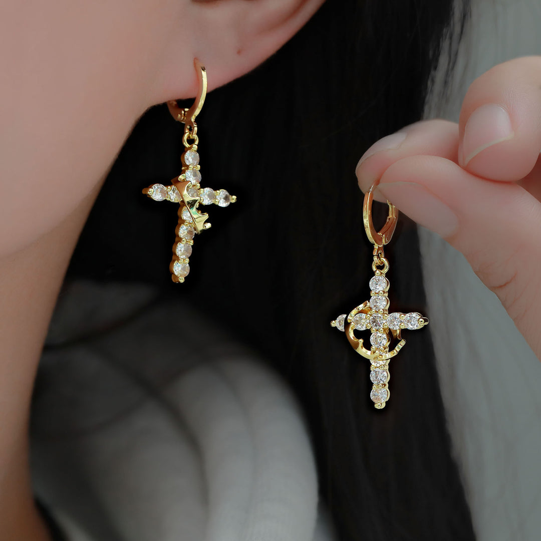 Rotatable Crown Cross Diamond Earrings
