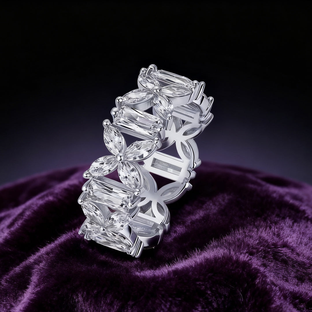 Marquise & Baguette Alternate Flower Full Eternity Ring, Open Clover Diamond Band Gold Silver Luxury Women Statement Jewelry