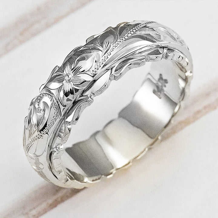Hawaiian Vintage Hand-Engraved Floral Wide Ring, Gold Rose Gold Silver Retro Embossed Unisex Wedding Band