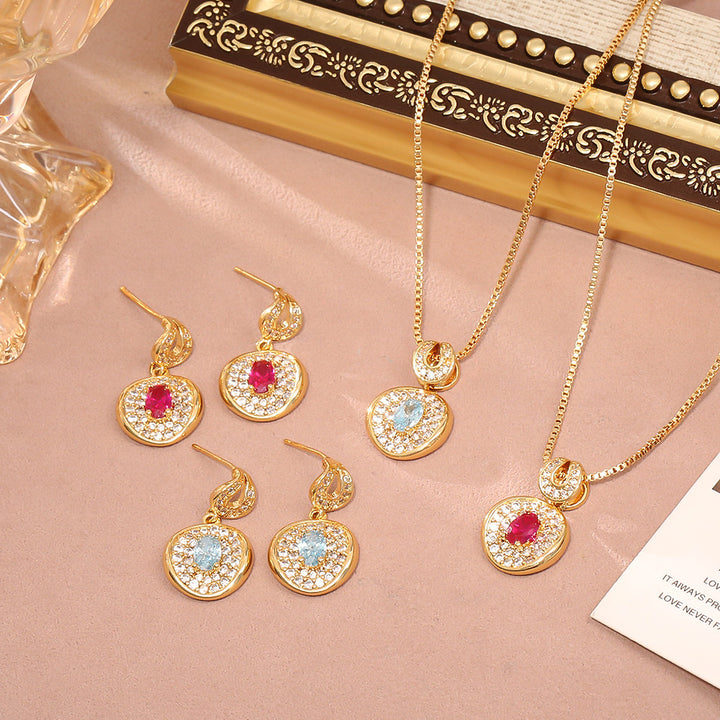 S925 Silver Vintage Round Gem Jewelry Set, Oval Center Stone Pendent Necklace & Drop Earring Set