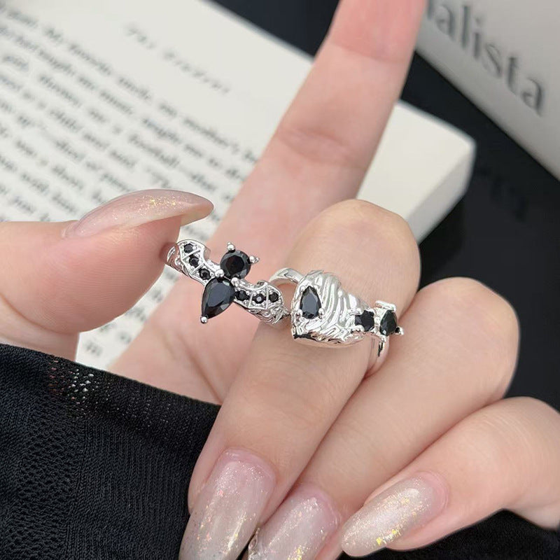 Dark Style Black Diamond Bat & Twisted Heart Open Rings, S925 Silver Alternative Adjustable Two-Style Band Set