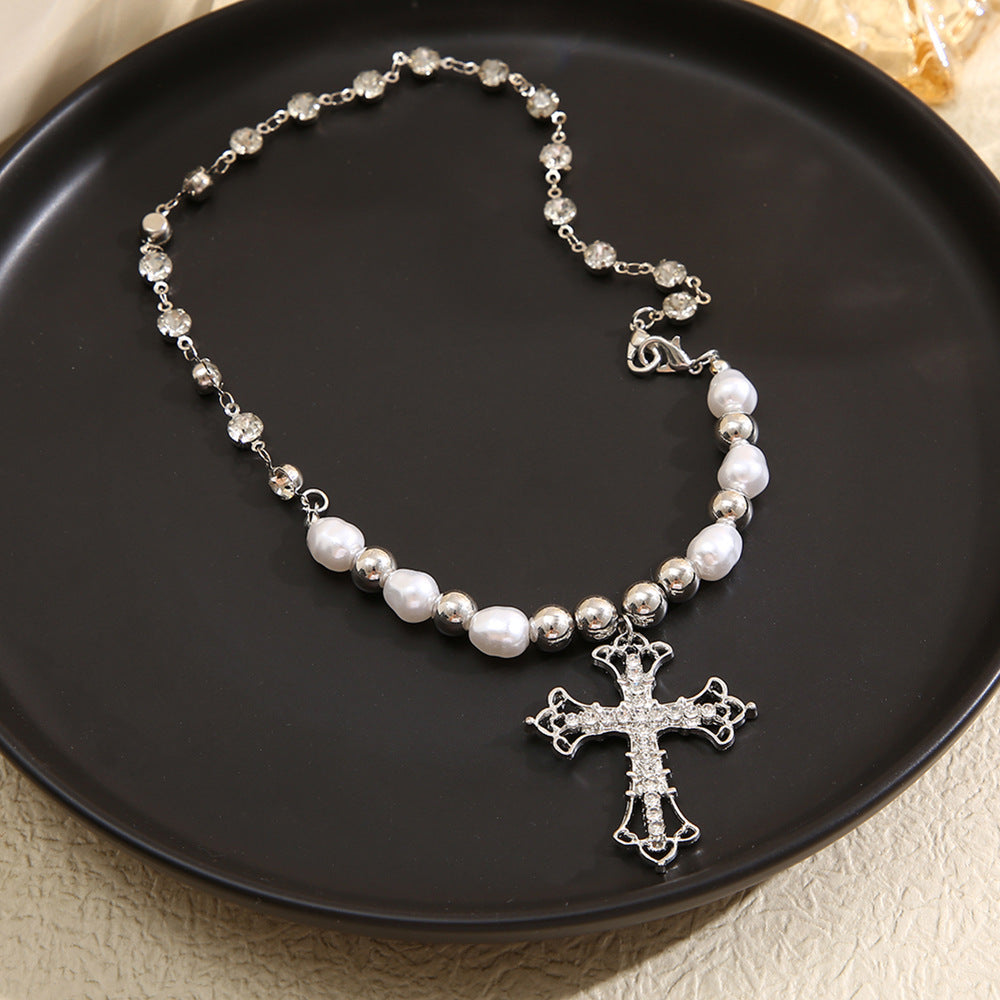Baroque Pearl & Pavé Cross Necklace (Goth Sweet & Edgy Choker)