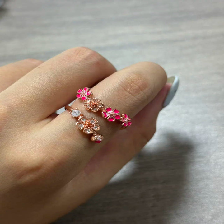 Gradient Enamel Blossom Branch Open Ring, Two-Tone Floral Adjustable Dainty Ring for Women