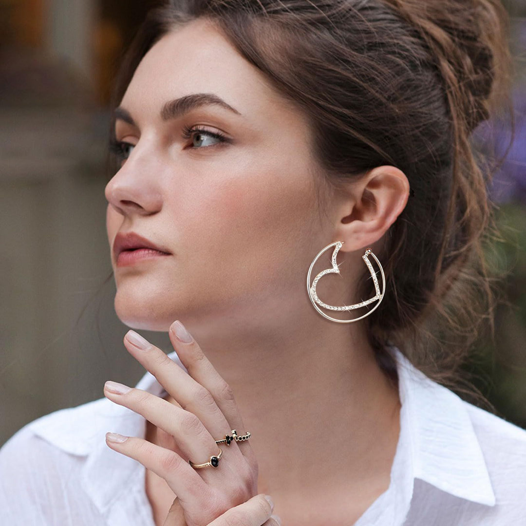 Double Layer Heart Rhinestone Hoop Earrings, Hollow Heart Diamond Circle Earrings, Gold & Silver Sweet Cool Earrings