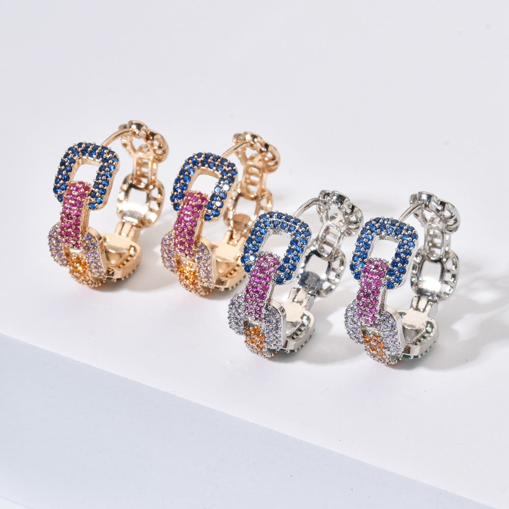 Chunky Chain Color Gradient Paved Hoop Earrings, Hip Hop Geometric Link Luxury Leverback Earrings for Women
