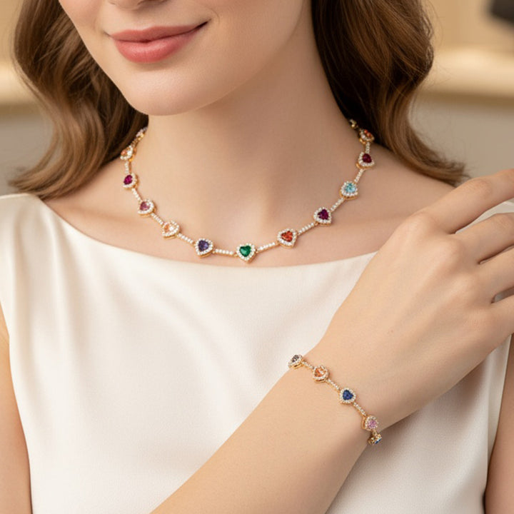 Rainbow Heart Diamond Choker & Bracelet Set (Dopamine Sweet-Cool Vibe Style)