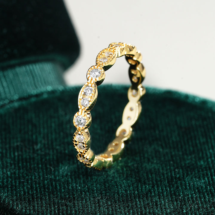 Vintage Milgrain Marquise Alternating Band, European Embossed Diamond Half Eternity Ring Gold Silver Stackable Wedding Guard Band