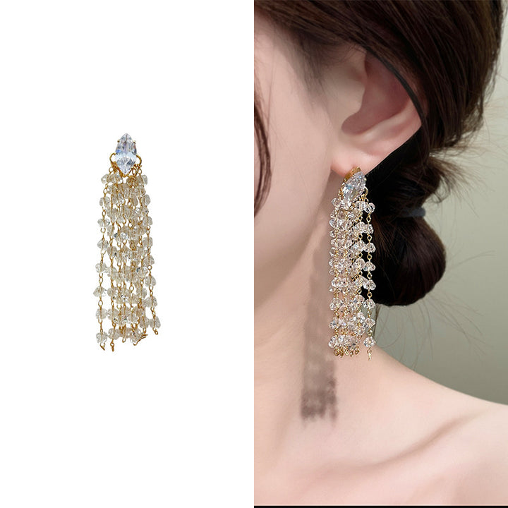 Marquise Diamond Multi-Layer Crystal Tassel Long Drop Earrings, Solid S925 Silver Gold & Silver Two-Tone Heavy Banquet Jewelry