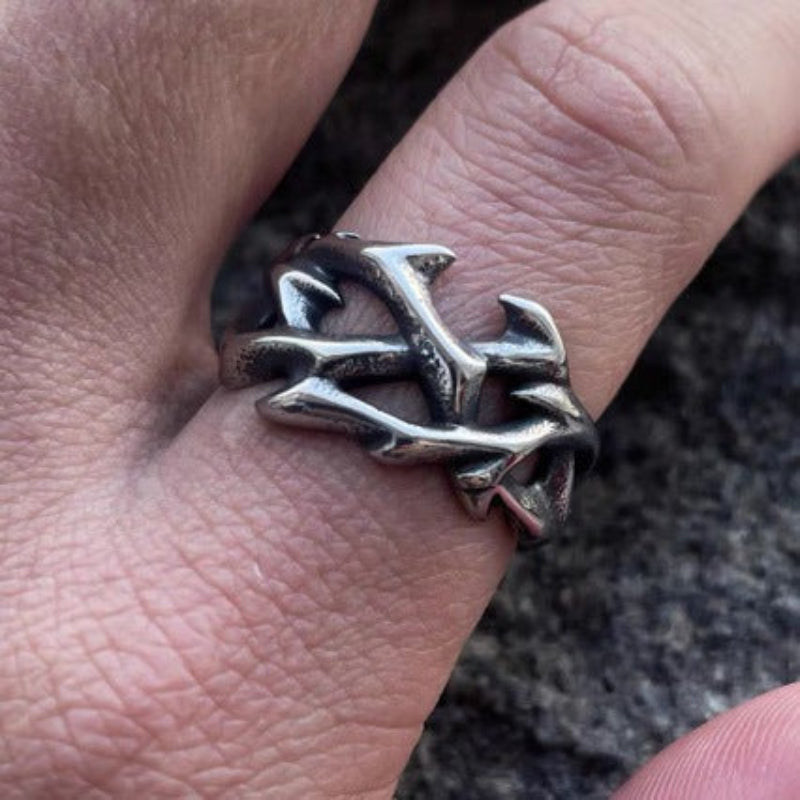 Thorn Hollow Men Ring, S925 Silver Antiqued Vintage Vines Dark Style Statement Band