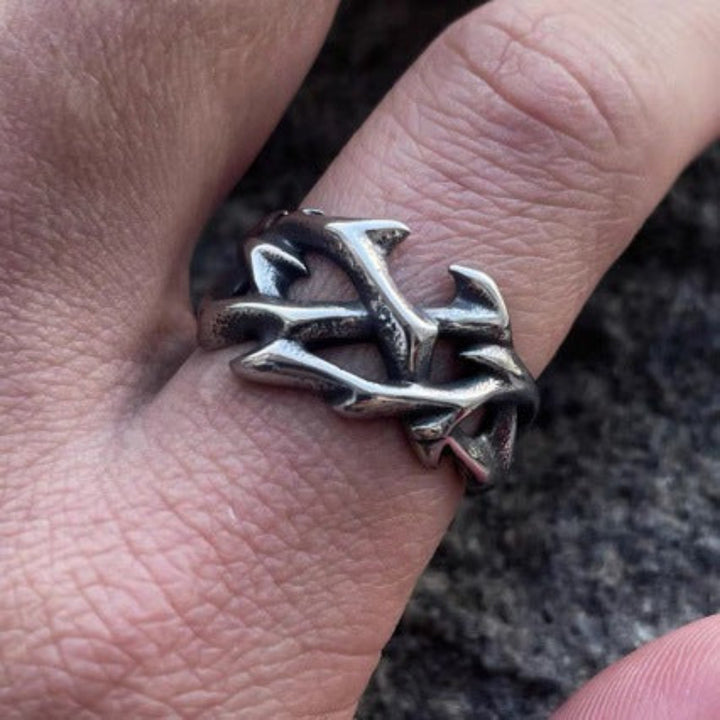 Thorn Hollow Men Ring, S925 Silver Antiqued Vintage Vines Dark Style Statement Band