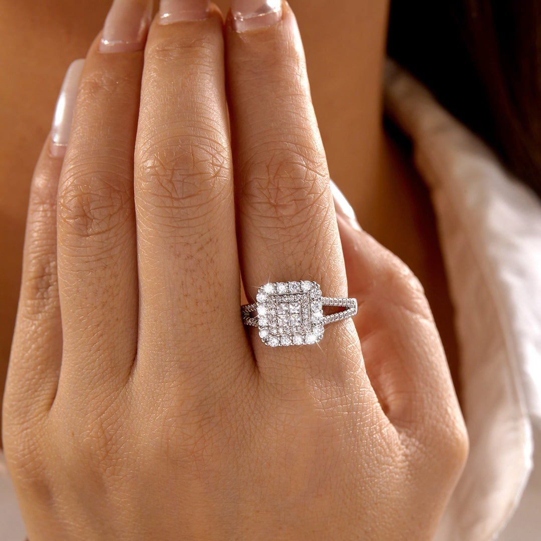 Emerald Cut Halo Paved Ring, Gold & Silver Luxury Double Shank Engagement Wedding Band for Women