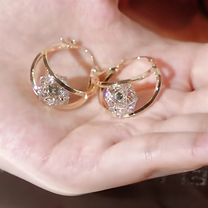 S925 Silver Double Hoop Diamond Ear Buckles, Luxury 3D Dual Ring Large Diamond Gold Earrings