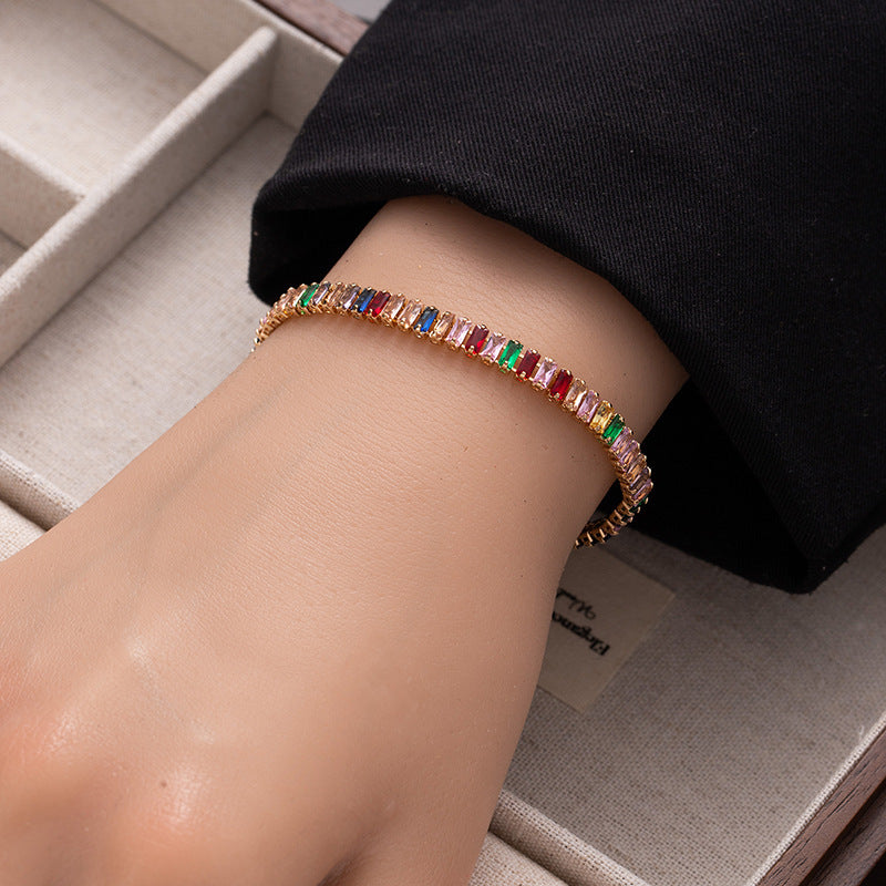 Baguette Cut Thin Tennis Bracelet, Gold & Silver / Rainbow Multi-Color Diamond Dainty Stackable Wrist Band
